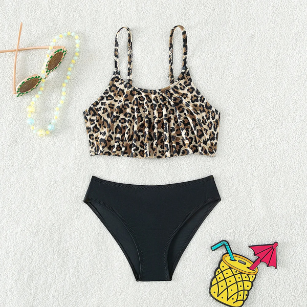 5-14 år barnbaddräkt för tonåring flickor Leopard bikini set delade tvådelade sommar flicka badkläder black 5-6