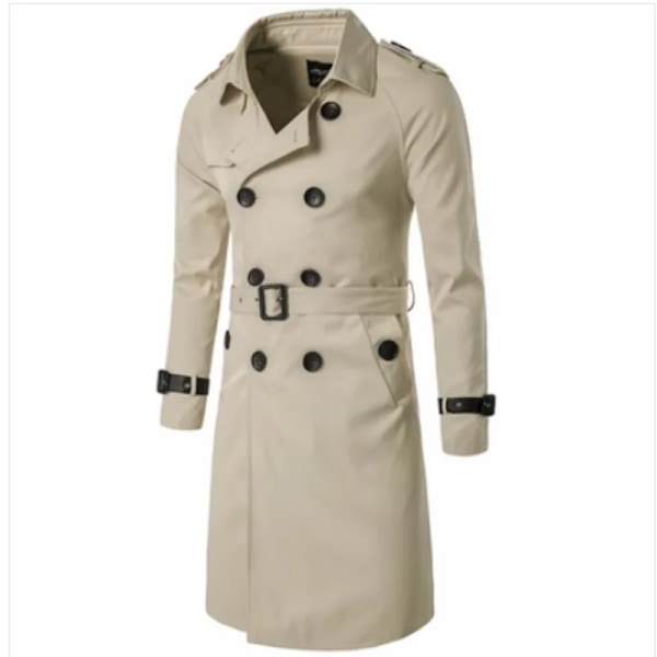 2024 Nye Mens Forår Efterår Vindjakke Overcoat Lang Trench Frakke Med Bælte Mænds Frakke Dobbelt Breasted Peacoat Beige XL     60 to 66kg