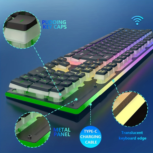 L96 trådlös tangentbordsmuskombination, 3650mAh uppladdningsbart RGB-tangentbord i full storlek med puddingknappar, ergonomisk mekanisk känsla 4800 DPi regnbåge Black