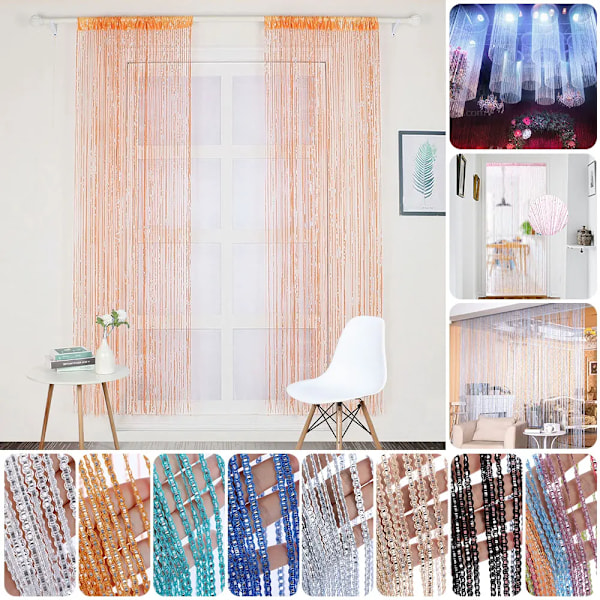 1X2m Streng Gardin Shiny Tassel Linje Gardiner Vindue Dør Divider Gardin Til Hjem Stue Cafe Indretning Valances White 100cmX200cm