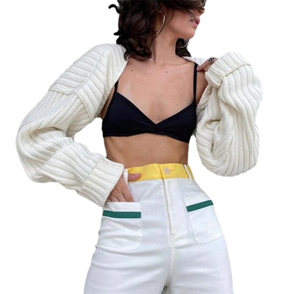 Stickade Bolero Cardigan För Kvinnor Öppet Front Beskärda Shrug Tröja Lång Ärm Trendy Sticka WHITE One Size