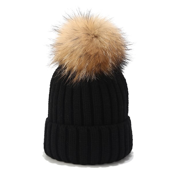 Ins New Big Fur Ball Hat Män Och Kvinnor Höst Och Vinter Utomhus Allt-Matcher Raccoon Riktiga Fur Ball Stickade Hat Varm Förälder-Chi Ld Hatt Black Adult (56-60Cm)