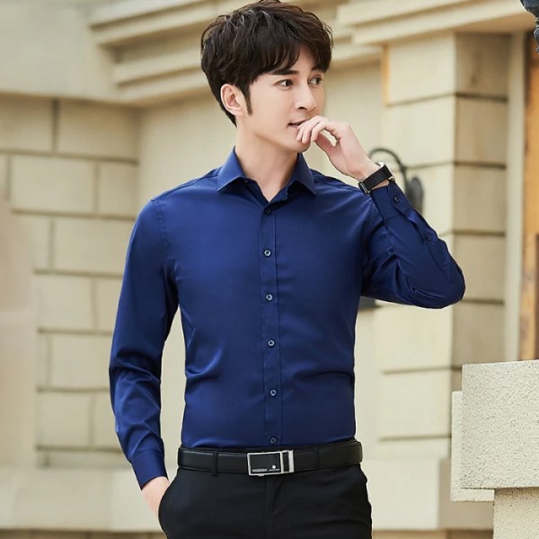 Nya män Enfärgad Business Shirt Mode Klassisk Basic Casual Slim Vit Långärmad tröja Top Plus Size Navy blue Asia size M