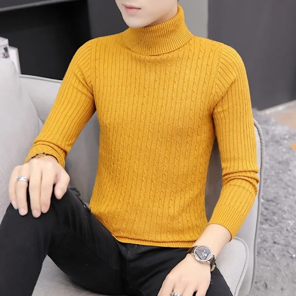 2023 Koreanska Slim Solid Färg Turtleneck Tröja Män Vinter Lång Ärm Varm Sticka Classic Solid Casual Bottomie Skjorta Yellow Asian Size S