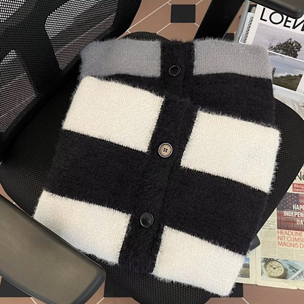 Minkki Turkki Raidallinen Paita Hame Miehille Ja Naisille Kevät Ja Syksy Korealainen Tyyli Loose Ja Lazy Tyyli V-Kaula Cardigan Trendikäs Syksy Ja Talvi Uusi Black And Gray L