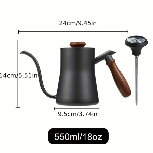 1 st 304 rostfritt stål svart svanhals häll över kaffekokare - 550 ml/18 oz - Retrodesign, hållbar och lätt att använda - Perfekt för kaffeälskare