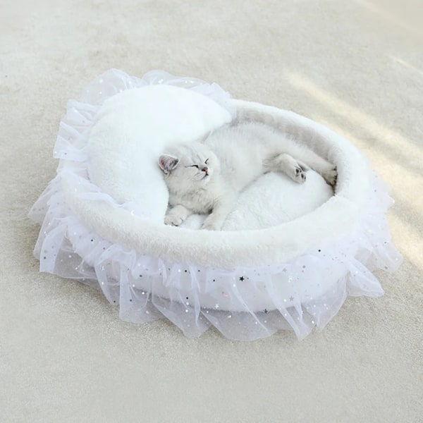 Princess Cat Bed Mjuk Spets Husdjur Sovsäng för Katt Kattunge Valpsoffa Varm Runt Husdjursbo med Kudde Kudde Katttillbehör WHITE L 53x40cm