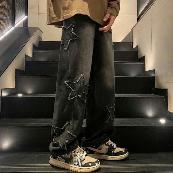 Nya Mäns Stjärna Broderier Rakt Casual Jeans Baggy Gothic Neutral Bred Denim Byxor Hip-Hop Mode Ungdomar Streetwear Man Y2k black Asia L (57.5-65kg)