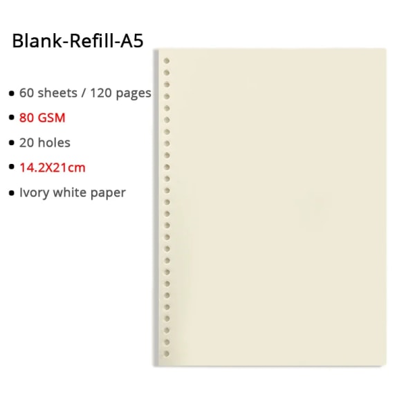 Lösblad anteckningsbok A5/B5/A4 Ringpärm Mejeripapper Refill 60 ark för mapp Skolmaterial Planerare Tillbehör Brevpapper Blank refill A5