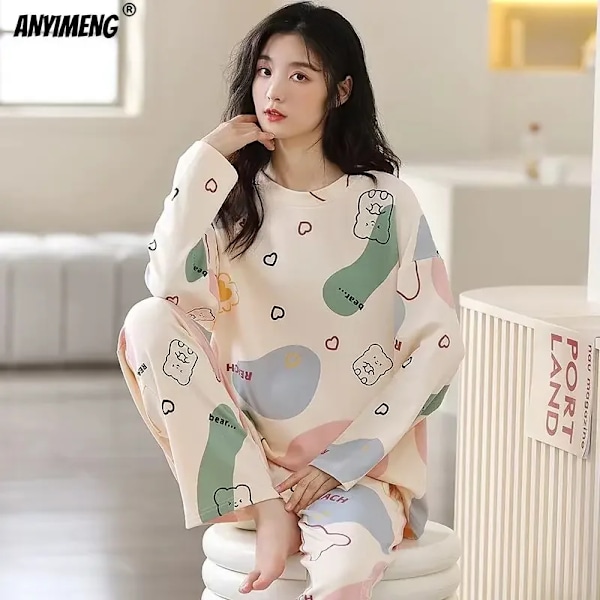 M-5Xl Kookoko Syksy Kevät Pyjamasetti Naisille Kawaii Painatus Yöasut Tytöille Muoti Pitkähihainen O-Kaula Naisten Pyjamat 19 XXL 63-70KG