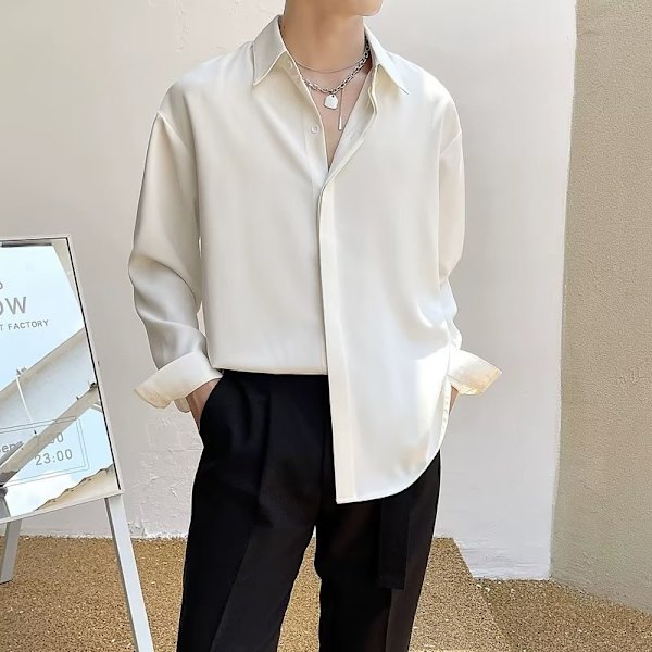Korean Style Valkoinen Paidan Miesten 2023 Kevät Ja Syksy Pitkähihainen Paita Rentouttava Tuntuma Löysä Toppi Vaatteet Miesten Kevät Uusi Saapuminen Bean Green L