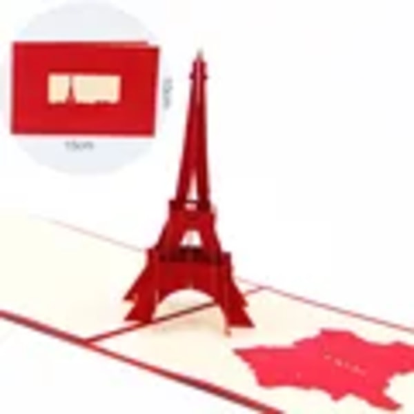 3D-ponnahduskortteja, laserleikattuja kutsukortteja, maailman arkkitehtuuria, käyntikortteja, poikien lahjoja, onnittelukortteja, matkailukortteja Eiffel Tower  red