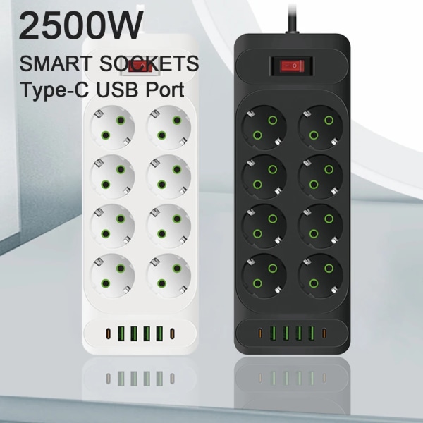 EU-kontakt AC-uttag Multitap Power Strip 2m Förlängningssladd Eluttag Smart USB Hemmakontor Överspänningsskydd Nätverksfilter F33 Black EU Plug