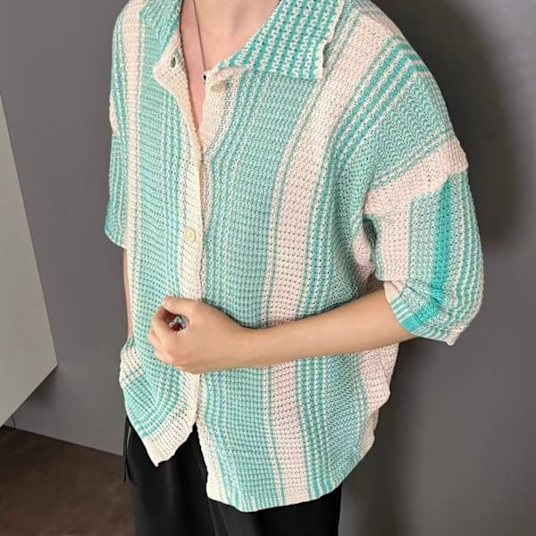 2024 Sommaren Kortärmade Skjorta Mäns Koreanska Version Av Trend Loose Casual Handsig Port Style Ins Mode Strid Tröja Blue XXL