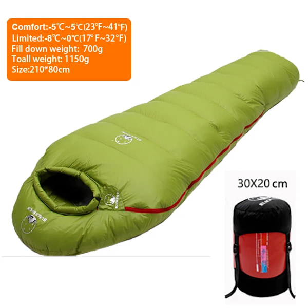 Meget varm hvid gåsedun fyldt voksen mumie stil sovepose egnet til vinter termisk 4 slags tykkelse rejse camping 700g Green