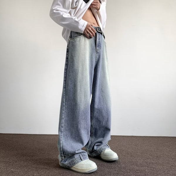 2024 Amerikanska High Street Pu Shuai Fried Street Byxor Mäns Vår Och Höst Nya Retro Flip-Down Jeans Par Niche Byxor S Blue M