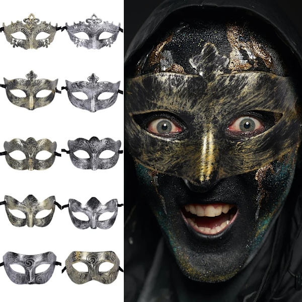 Retro Halloween-mask Antik Silver Guld Halv Ansiktsmask För Kvinnor Män Karneval Klänning Masque Ball Kostym Party Rekvisita Cosplay Cosplay Cosplaye Style 03 gold