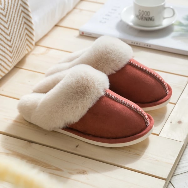 Varma tofflor i enfärgade, casual Slip On Plyschfodrade Skor Bekväma inomhustofflor Wine Red 40-41