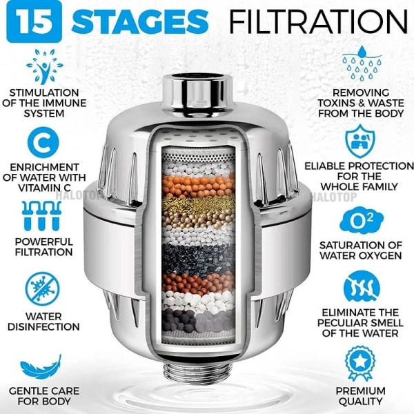 15-stegs duschvattenfilter, Kökskranfiltrering, Ta bort klor Tungmetaller Filtrerade duschhuvud Mjuka upp för hårt vatten 15 stage Filter