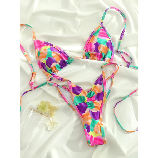 Bikini med extremt print för kvinnor Cut Out Badkläder Låg midja Baddräkt Micro Bikinis Set Baddräkt Triangel Beachwear 2024 rainbow L