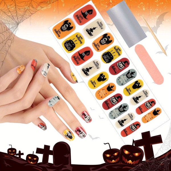 Halloween Halvhärdade Gel Nagellacksdekaler, Självhäftande Full Wrap Gel Nail Art Sticker, Vattentät Gel Nail Wrap Stickers (UV/LED-lampa krävs）
