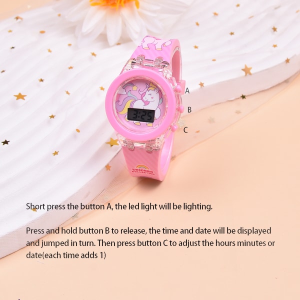7 st/ set, Tecknad Unicorn Girls Electronic Luminous Calendar Watch & Halsband Armband Örhängen Myntväska Set, Julklappar Födelsedagspresenter Set Pink