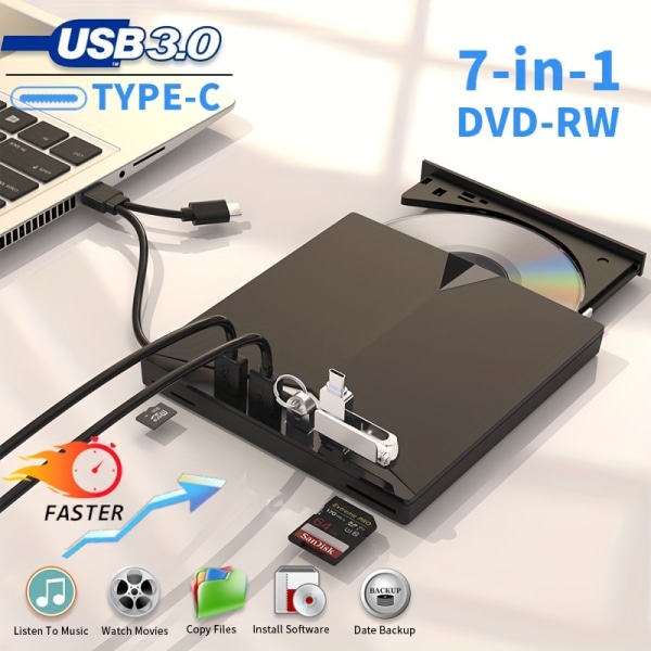 Multifunktionell extern optisk enhet DVD-brännare sju-i-ett USB/TYPE Extern optisk enhet med kortläsare HUB kan sättas in U Disk