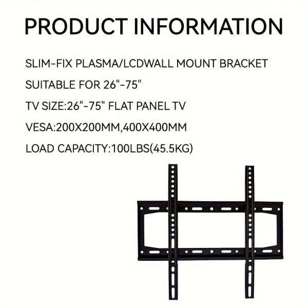 1st Ultra Slim-fix TV-väggfäste, Universal TV-fäste, lågprofil för de flesta 26"-65" (26-65 tum) LED LCD OLED-TV och bildskärmar (45,5 kg)