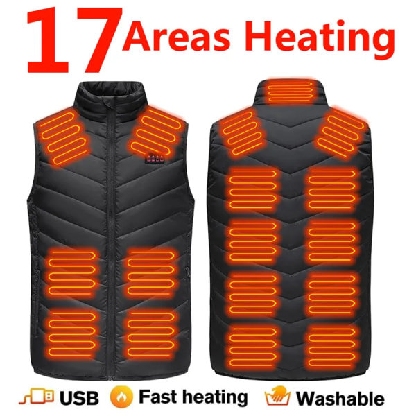 17/13/9 Områden USB Uppvärmd Jacka Herr Dam Eluppvärmd Väst Värmeväst Uppvärmd Bodywarmer USB Inner Heat Väst Veste 17 Areas Black Asian Size S