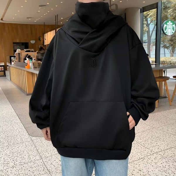 Amerikansk Fashion Mærke Mekanisk Style Coat Turtleneck Hooded Trøje Mænd Og Kvinder Løs Par Casual Top Forår Og Efterår Ny Black Thin XXL