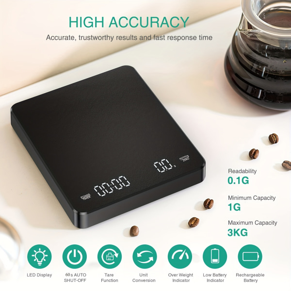 Digital kaffevåg med timer, laddningsbar espressovåg, 3 kg/0,1 g mini kaffevåg med dropp espressovåg, matvåg med 3 enheter, tarafunktion