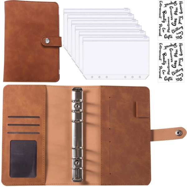 2024 A6 PU läder budgetpärm Notebook med 6 stycken kontantkuvert Set Pärmfickor Pengar Budget Spara Bill Organizer Brown and Sticker