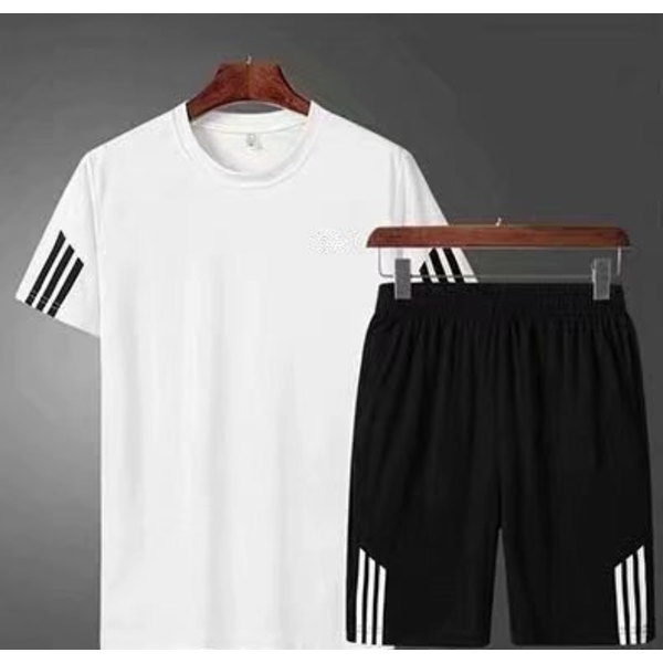 Sportsdräkt Mäns Sommar Casual Två-Del Fitness Kostym Morgon Löper Snabb Torra Kläder Lös Runda Nack T-Shirt Korta Ärmar White XXXL