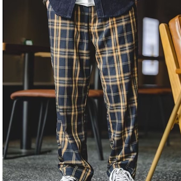 Plaid Casual Byxor Mäns Långa Byxor Lös Raka Slim Look Bred Ben Lös Midja Byxor Mäns Vår Och Höst Nytt Black L