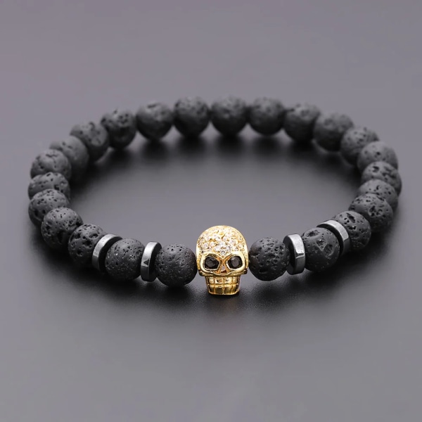 Black Eye Skull Hematite Bead Armband Herr Klassisk Handgjord 8mm Lava Stone Charm Armband För Män Smycken Present