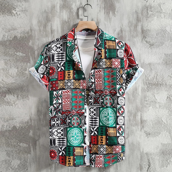 2024 New Fashion Geometrisk Skjorta för män Kortärmad Hip Hop-stil Casual Button-Down Random Print Skjortor Toppar Streetwear för män Multi M