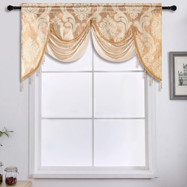 European Style Tassel Floral Fönster Valance För Vardagsrum Lyx Jacquard Tyg Ridå Huvudfönster Gardin Hem Inredning 1Pc Beige W135xL75cm 1pc