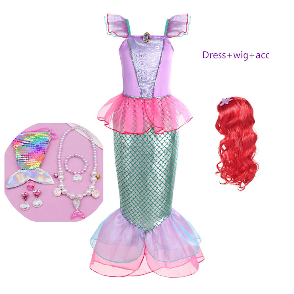 Lille Havfrue Princess Cosplay Sequin Bling Kjole Til Piger Fødselsdagsfest Halloween Børnetøj Kostume dress set 3 4T(120)