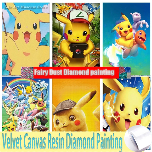 5D Anime Fairy Dust Harts Diamond painting DIY Pikachu Cartoons Figurmönster Heminredning Broderi Murverk Korsstygn 3 FD Resin 70x90