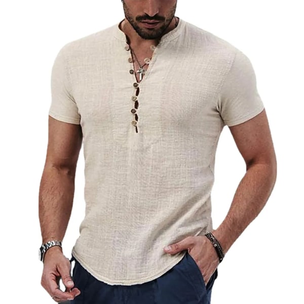 2023 Ny kortärmad t-shirt för män V-ringad knapp Bomullslinneskjorta Herr Casual Populära toppar för män white US 3XL