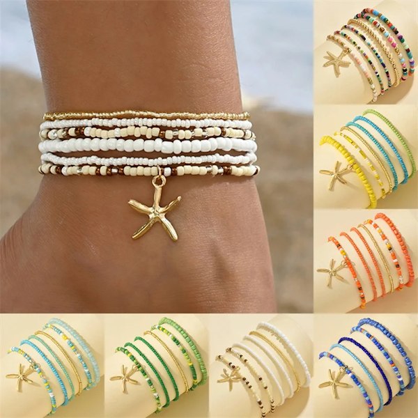 Färgglada Starfish Pendant Ris Pärlor Pärlad Anklet För Kvinnor Sommar Fashion Multi-Lager Armband Smycker AK24Y0031-2