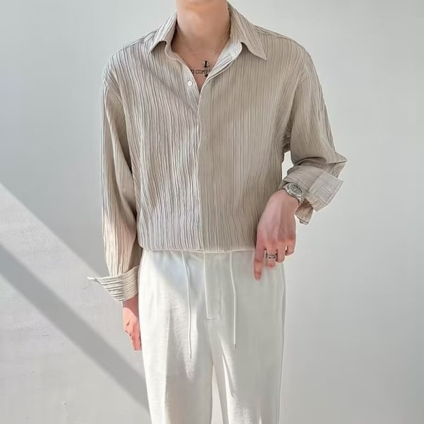 Koreansk Stil Loose Plesat Långärmad Skjorta Mäns Vår Trend Handsom Casual Non-Ironing Tröja Mäns Shirs Sommare Apricot XL