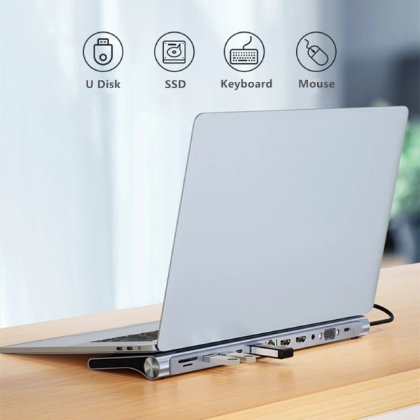 Rankman-airies USB C versus RJ45, Typ C, 4K, kompatibel HDMI, VGA, SD, TF, USB 3.0, 2.0, PD S6, Station för MacPle, iPad, Samsung S21, Dex, HDTV grey 11 in 1