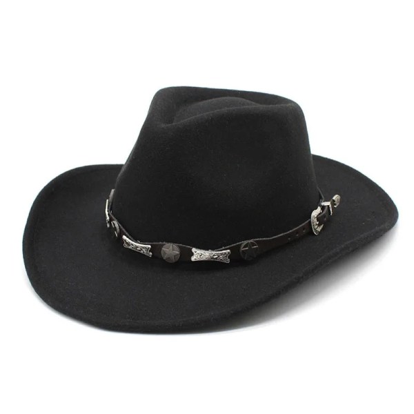 Brittisk stil västerländsk cowboyhatt för män Klassisk cowgirlfiltjazzhatt med läder gorros hombre Black 56-58CM