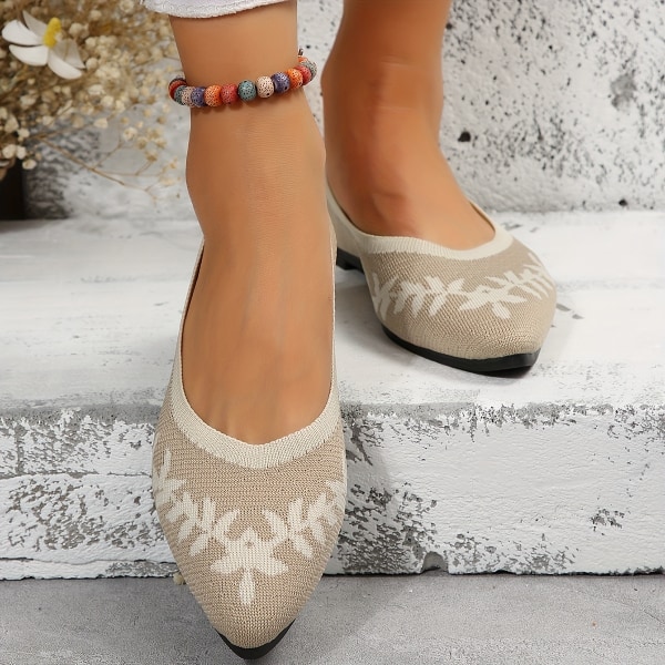 Platta skor med bladmönster för kvinnor, stickade slip-on-skor med spetsad tå, bekväma andningsbara balettskor Beige White CN250(EU39.5)
