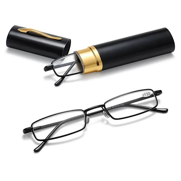 Elegantti kannettava mini lukulasit metallikehyksellä kynäkotelo ultraohut miehet naiset lukulasit presbyopia silmälasit laatikolla black +350