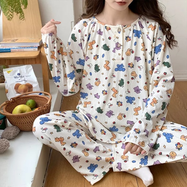 Uusi kevyt raidallinen kreppi pitkähihainen pyjama naisille muoti söpö kevät syksy koti vaatteet AQY8808 fun animal L