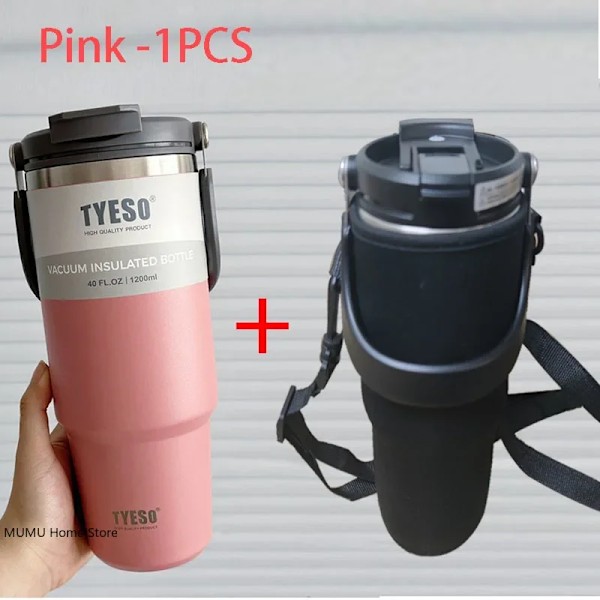 Tyeso Termisk Vattenflaska Stål Dubbel-Lager Isolerad Kopp Kall Och Varm Kaffe Kopp Tumbler K Travel Mugg Pink With Cup Bag 1200ML