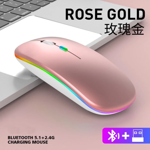 Trådlös Bluetooth musspel för Macbook Pro Laptop PC 2,4Ghz-anslutning 4 nycklar 1600 DPI Ergonomi Inbyggt litiumbatteri Rose Gold