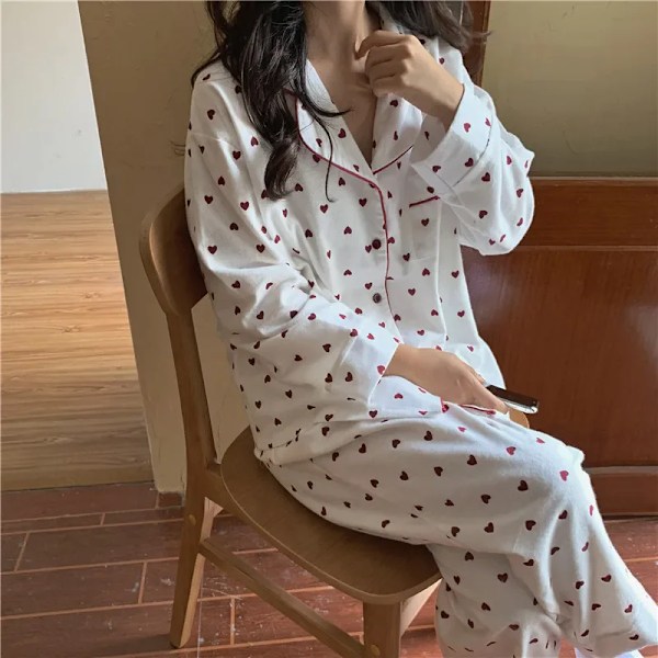 Sydän Print Koti Puku Löysä Puuvilla Casual Yöasu Korealainen Pyjamasetti Housut Harajuku Koti Vaatteet Kawaii Yksittäiset Rinnat Topissa White L